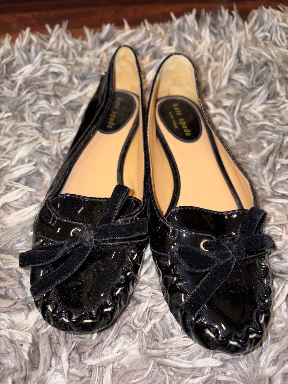 kate spade Black “Lacey” Patent Velvet Bow Loafers